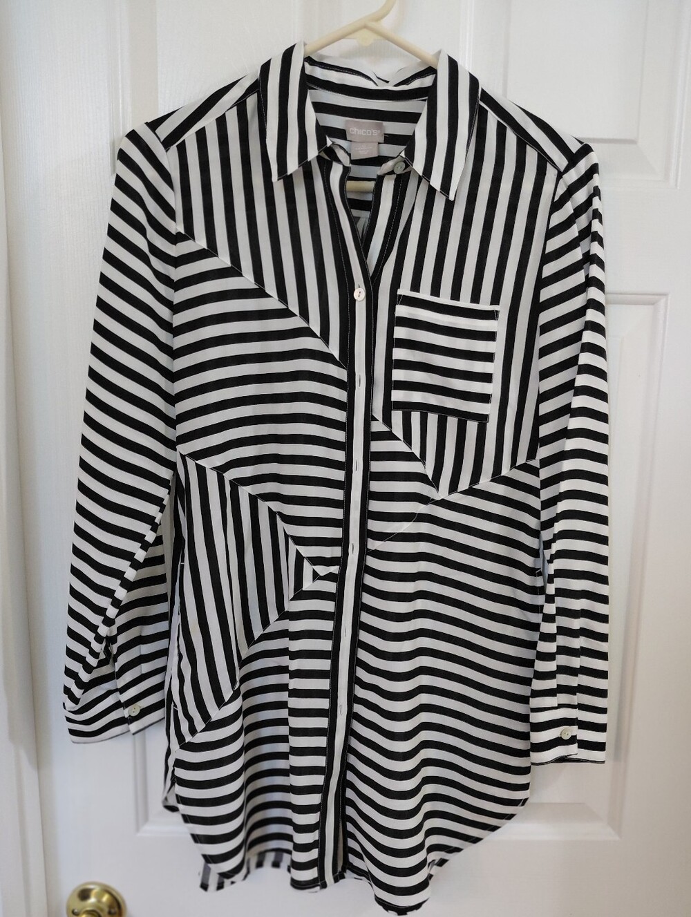 Chico's Black and White Vertical Stripe Button Shirt